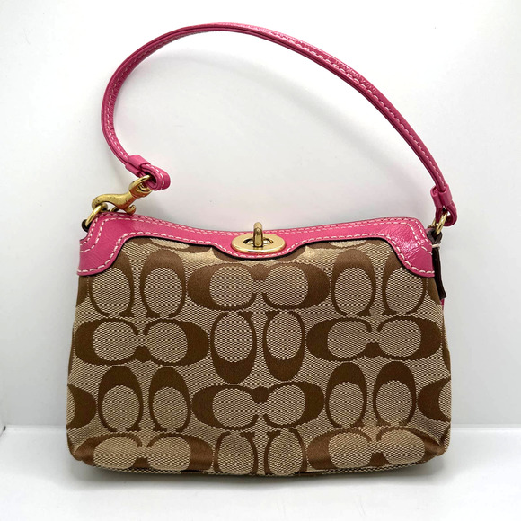 Coach Handbags - COACH Brown / Tan and Fuchsia Signature Canvas Small purse
